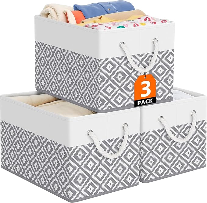 Storage Bins, 3-Pack Large Storage Box with Rope Handles, Collapsible Storage Basket for Organizing Books, Clothes, Rhombic Grey