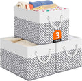 Storage Bins, 3-Pack Large Storage Box with Rope Handles, Collapsible Storage Basket for Organizing Books, Clothes, Rhombic Grey