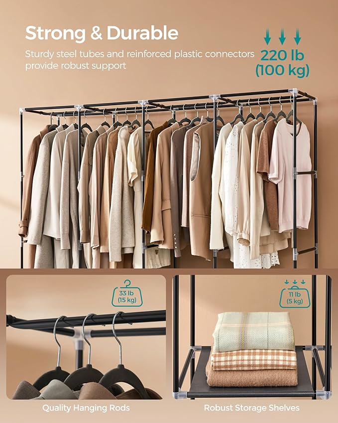 SONGMICS Portable Closet, Wardrobe Closet Organizer with Cover, 4 Hanging Rods and Shelves, 4 Side Pockets, 17.7 x 66.9 x 65.7 Inches, Large Capacity for Bedroom, Living Room, Ink Black URYG094B02