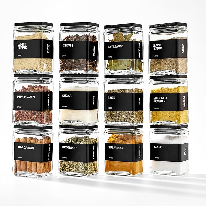 Glass Spice Jars with Bamboo Lid, 4oz Square Spice Containers for Pantry Organization, Seasoning Bottles with Labels, Spoons, Funnel for Salt Sugar