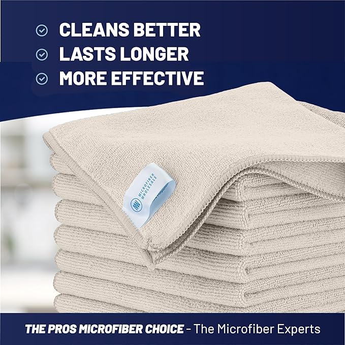 MW Pro Microfiber Cleaning Cloth | Sand | 12 Pack | 16” x 16” | All Purpose Microfiber Towels - Clean, Dust, Polish, Scrub, Absorbent
