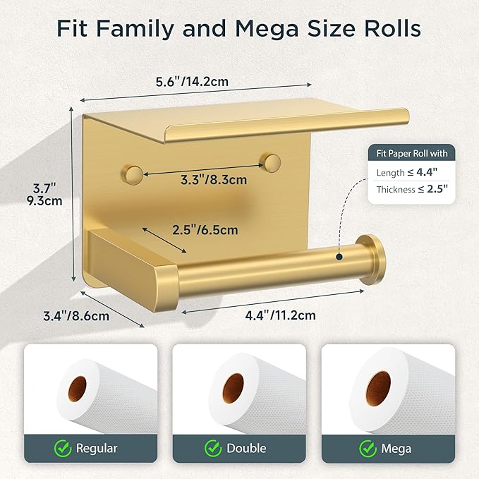 Toilet Paper Holder with Shelf, Adhesive or Screw Wall Mount Toilet Paper Roll Holder for Bathroom, 304 Stainless Steel Commercial Toilet Tissue Roll Dispenser with Phone Shelf (Brushed Gold)