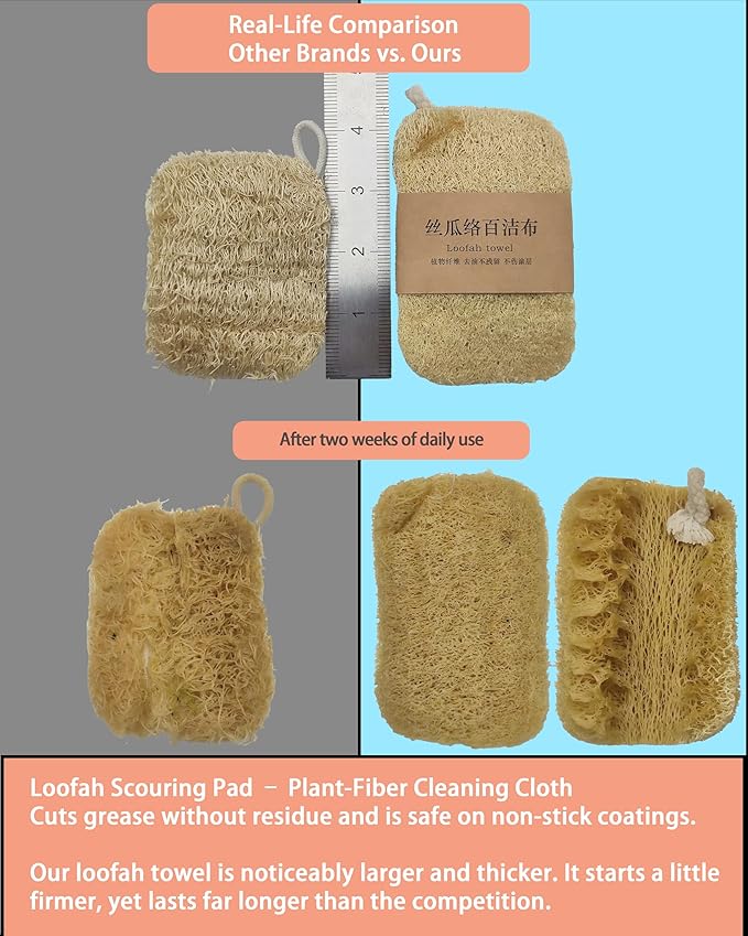 Eco-Friendly Natural Loofah Dish Scrubbers, Biodegradable & Zero Waste Kitchen Sponge, Reusable Non-Scratch Loofah for Kitchen, Bathroom & Household Cleaning, Unbleached Plant-Based Scrubber, 4-Pack