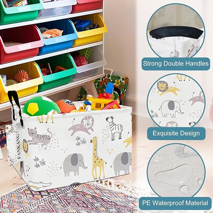 FANKANG Storage Bins, Nursery Hamper Canvas Laundry Basket Foldable with Waterproof PE Coating Large Storage Baskets for Kids Boys and Girls, Office, Bedroom, Clothes,Toys(Rec-Lovely Animals ）