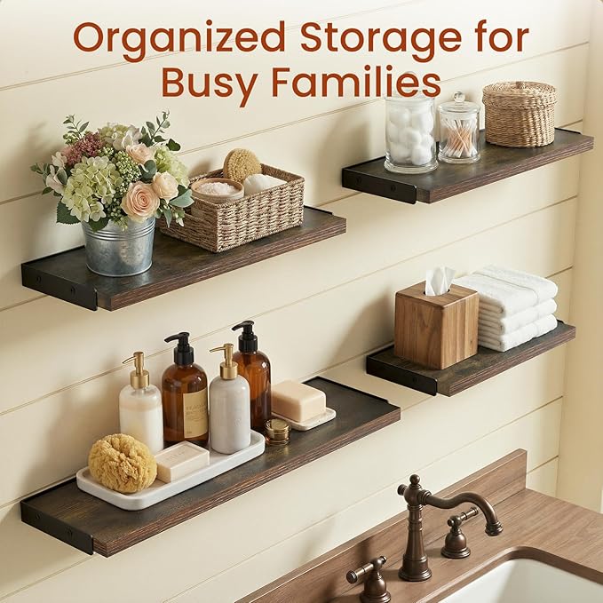 BAYKA Wall Shelves for Bedroom Decor, Floating Wall Shelves for Living Room Kitchen Storage, Mounted Rustic Wood Floating Shelves for Kids Books, Corner Shelf for Bathroom(Rustic Brown，Set of 4)