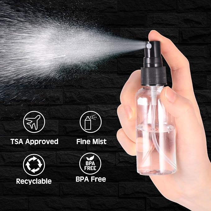 Roshtia 200 Pcs 2 oz Plastic Mini Spray Bottles with Black Cap Clear Empty Fine Mist Spray Bottles Refillable Liquid Container for Essential Oils Perfumes Travel Makeup