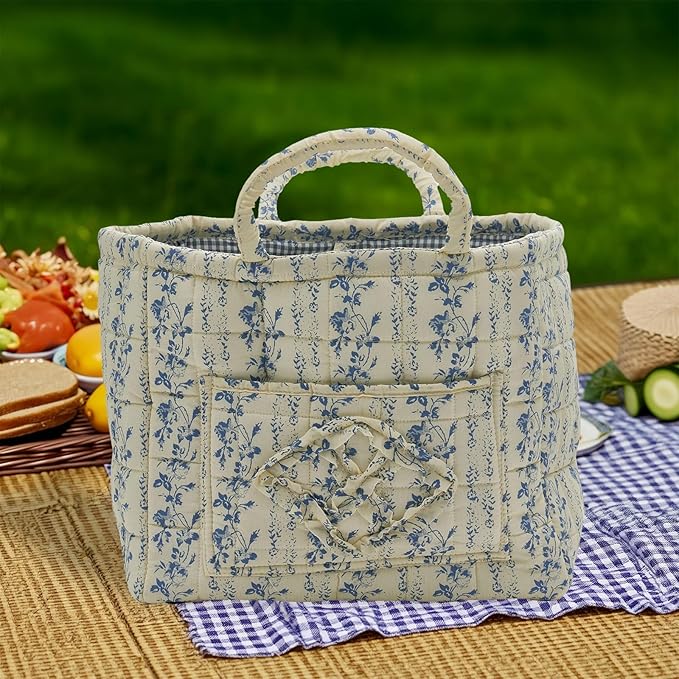 Quilted Fabric Storage Basket with Handles & Pocket, Foldable Laundry Hamper Boho Floral Print Organizer Bin for Home, Picnic, Office 12"x10"x10" (B-5)