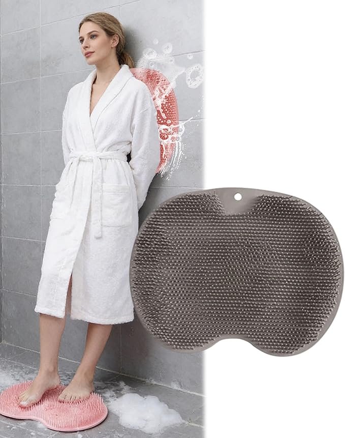 Silicone Massage Bath Mat, Shower Foot Scrubber Mat, Back Exfoliating Bath Pad for Shower, Non-Slip Suction Cups, Wall Mounted (Gray)