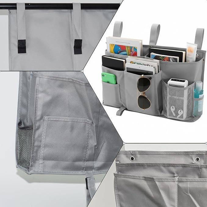 gedamari Bedside Organizer, Durable Bunk Bed Caddy, Multi-Pocket Hanging Storage Bag for College Dorm, Home, Hospital and Baby Stroller, Easy Installation, Metal Rivets Added, Oxford Fabric(Gray)