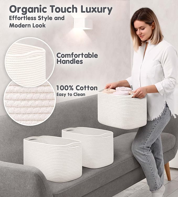 CHAT BLANC Cotton Rope Baskets for Organizing | Storage Baskets for Shelves | Rope Basket for Storage, Small Laundry Baskets, Woven Baskets for Storage, Dog Toy Bin, Baby Basket, Creamy White 3 Pack