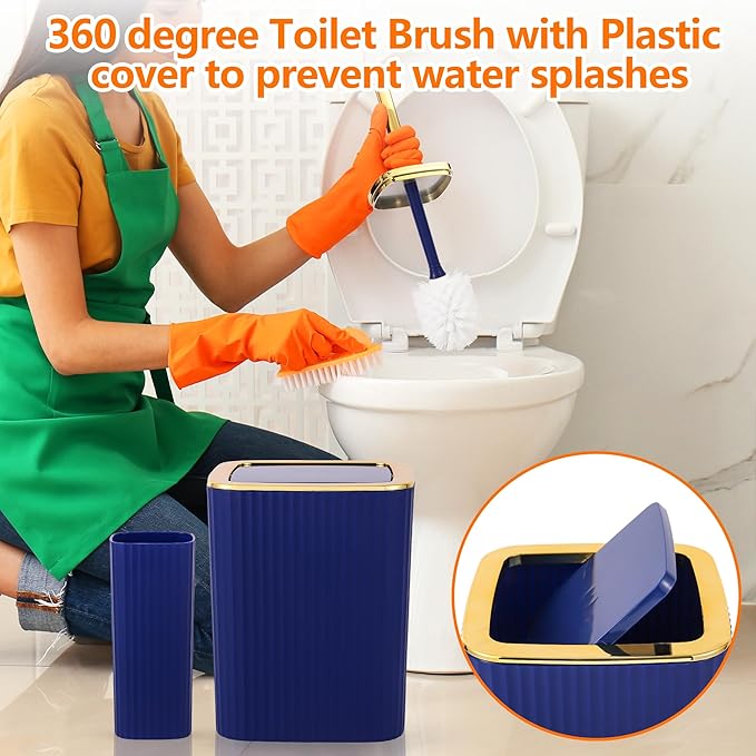 Bathroom Accessory Set,9 Pieces Navy Blue Bathroom Accessories Set with Trash Can, Toothbrush Holder, Soap Dispenser, Toothbrush Cup, Vanity Tray, Soap Dish, Toilet Brush, Qtip Holder