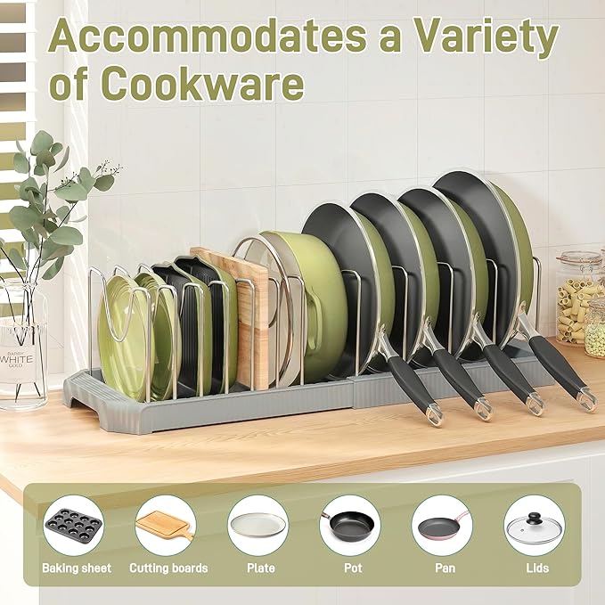 Pots and Pans Organizer for under Cabinet, Pan Pot Organizers inside Cabinet, Expandable Organizer with 12 Adjustable Dividers for Cookie Sheets, Cutting Boards, Pot Lids, Cookware - Pan Rack, Grey