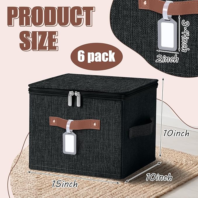 Fiwochic 6 Pack Fabric Storage Bins with Lids, 15x10x10Inch Foldable Cotton Linen Storage Boxes with PU Leather Handles and Label Holders for Closet, Bedroom, Shelf, Nursery, Black