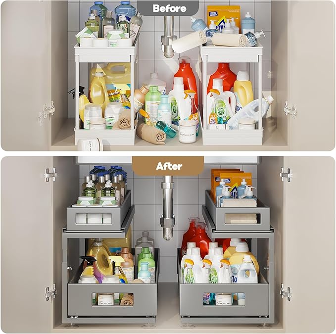 Corbyles 2 Pack 21.3IN-Depth Under Sink Organizer with Next-Gen Ball-Bearing Slides,2-Tier Pull Out Cabinet Storage,Height Adjustable Drawer Shelf for Bathroom,Kitchen,Laundry,Cabinet,Pantry-Gun Gray