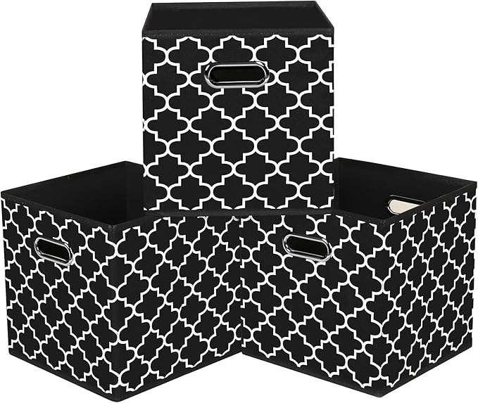 Black Foldable Storage Cubes Bins, Fabric Storage Box Cubes Organizer Baskets with Dual Handles for Home Organizer,Set of 3,(Black Light)