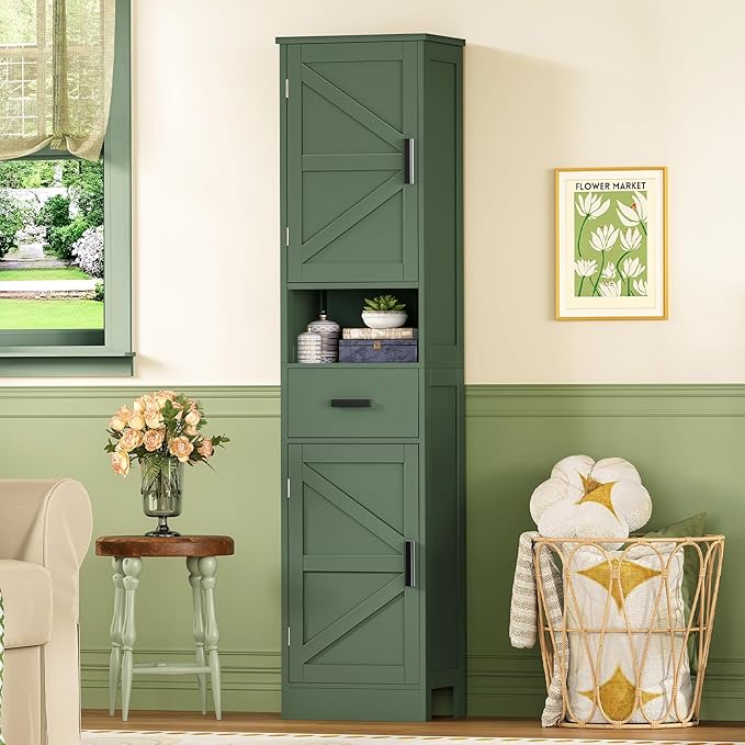 TEENFON 67" H Tall Bathroom Storage Cabinet with Barn Doors and Drawer, Narrow Bathroom Cabinet, Narrow Storage Unit, Adjustable Shelves, Floor Cabinets for Living Room, Forest Green UNSNG091V