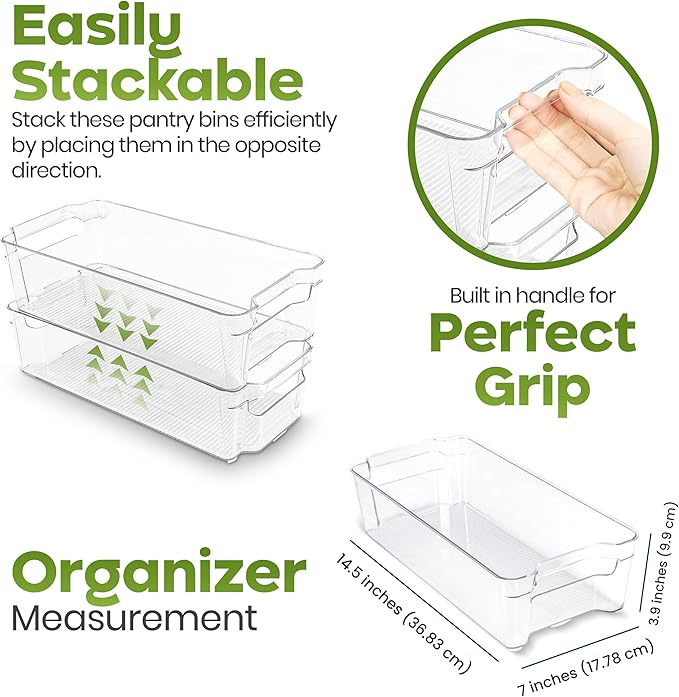 Utopia Home - Fridge & Refrigerator Organizer Bins (8 Pack), Clear Stackable Durable Plastic Storage Containers with Easy Grip Handles for Pantry, Kitchen Cabinets & Countertops
