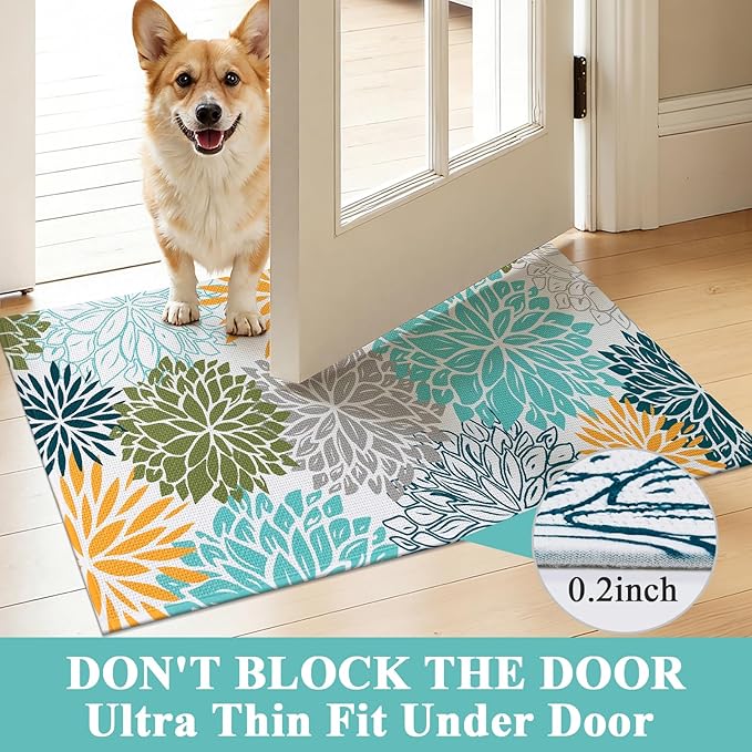 Vaukki Bathroom Rug Set 3 Piece, Non Slip Absorbent Rubber Backed Floral Bath Floor Mat Fit Under Door, Ultra Thin Quick Drying Bath Rug for Shower, Tub and Toilet, 17"x26"+17"x32"+17"x24"U, Teal