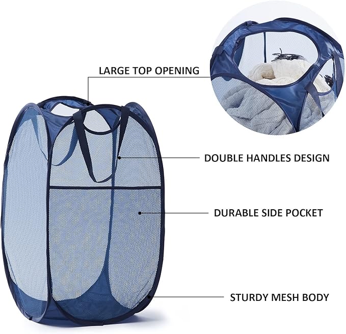 TECHMILLY Upgraded 105L Collapsible Mesh Pop Up Laundry Hamper with Sturdy Handles and Side Pocket - Portable Foldable Clothes Baskets for Dorm, Bathroom & Travel Storage (Blue Plus, 2 Packs)