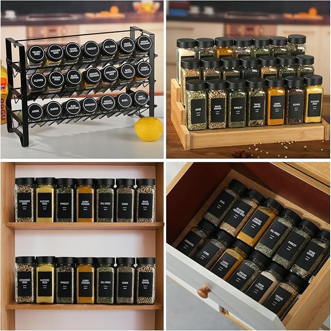 48 Glass Spice Jars with Labels,Spice Jar Set,4oz Seasoning Containers,Spice Containers with Black Airtight Lids and Shaker Lids,Square Empty Spice Bottles, 492 Labels,1 Funnel