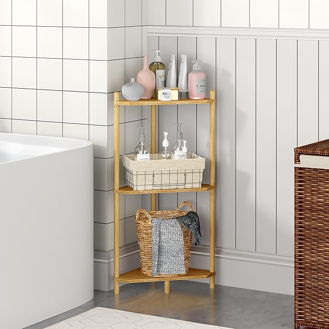 Corner Shelf Stand - 3 Tier Bamboo Small Corner Bookshelf for Office Kitchen Bedroom Plant Stand Living Room Decor Small Space (Natural，3 Tier)