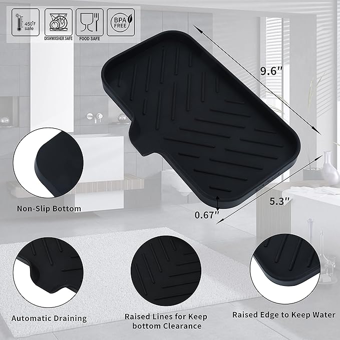 MicoYang Silicone Bathroom Soap Dishes with Drain Spout-Bathroom and Kitchen Sink Organizer,Sponge Holder,Dish Soap Tray,Perfect for Dispenser,Scrubber,Bottle,Cup on Sink or Counter-Black 9.6"×5.3"