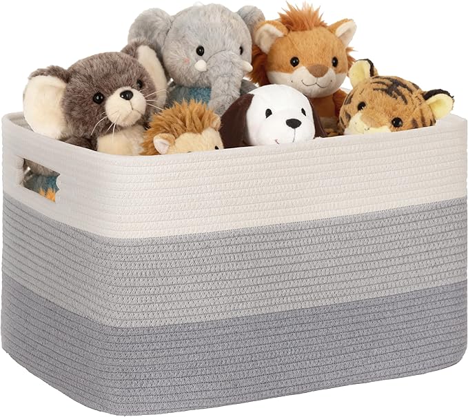 72L Large Laundry Basket with Leather Handles for Living Room Storage, Woven Rope Baskets Bin for Blanket, Kids Toy, Gifts, Wicker Hamper for Bedroom Dirty Clothes, 22"x17"x12" Gradient Grey