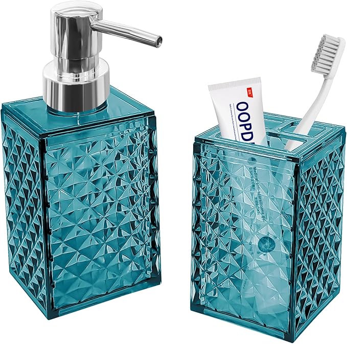 2PCS Lake Blue Bathroom Accessories. Contain Soap Dispenser and Toothbrush Holder Set. Boho Bathroom Set for Blue Bathroom Décor