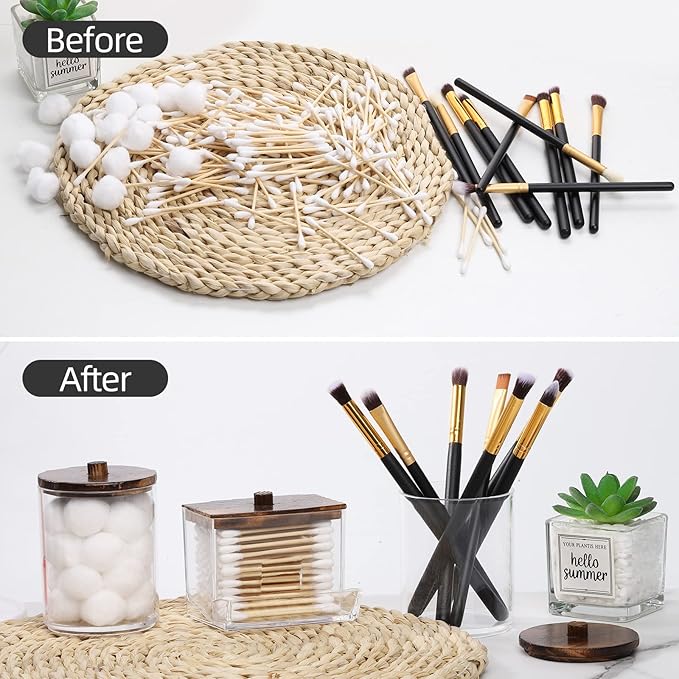 Tbestmax Qtips Holder Bathroom Container, 10 OZ Cotton Ball/Swabs Dispenser, Apothecary Jar Organizer for Storage Brown Wood Lids