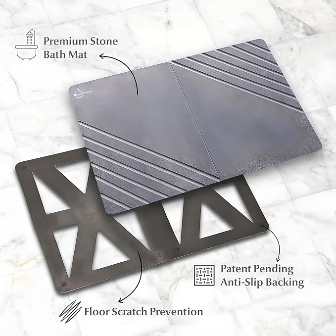 Water Stone Quick-Drying Bath Mat, Large (30.7” x 23.6”), Gray - Eco-Friendly, Non-Slip, Super Absorbent Bathroom Shower Mat for Superior Comfort & Safety