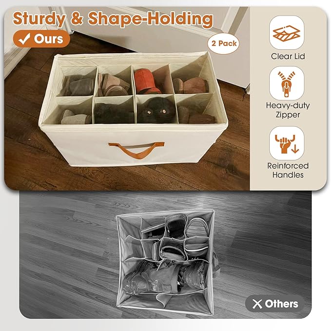 2 Pack Shoe Organizer for Closet,Foldable Shoe Storage Organizer with Adjustable Dividers, Shoe Storage Box with Clear Cover, Fits up to 16 Pairs, Beige