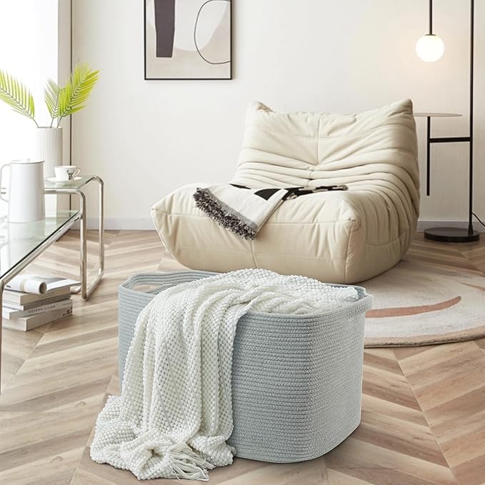 Extra Large Rectangle Storage Basket, 23.6" x 17" x 12" Gray Blanket Storage for Living Room, Large Soft Woven Cotton Rope Bin for Organizing, Kids Dog Wicker Toy Box Organizer