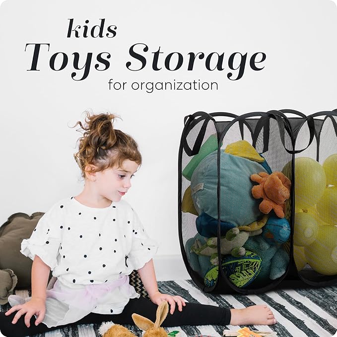 Handy Laundry Mesh Popup Hamper - Two Compartments, Collapsible for Storage and Easy to Open. Folding Pop-Up Clothes are Great for The Kids Room, College Dorm or Travel. (Black)