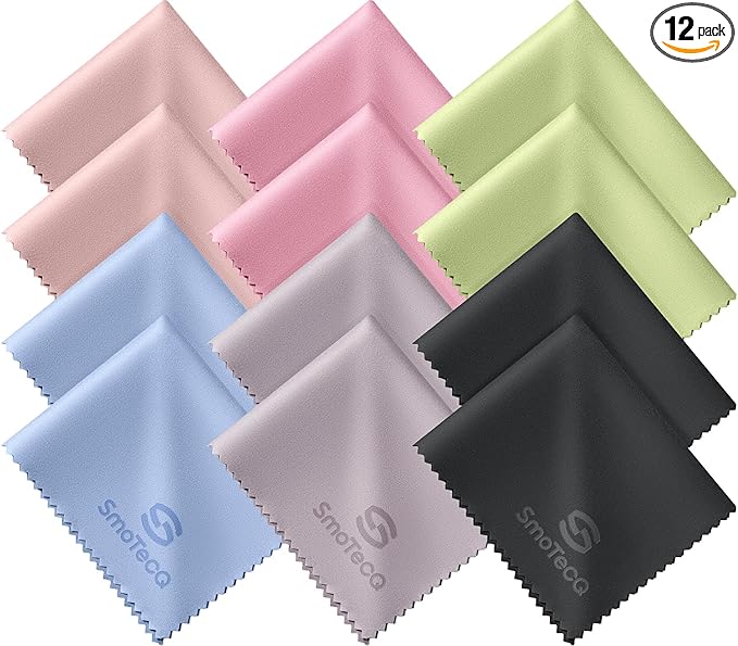 SmoTecQ 12 Pack Microfiber Lens Cleaning Cloths – Ultra-Soft, Scratch-Free Eyeglass Cloths for Glasses, Screens & Cameras – 7×6 in, Assorted Colors