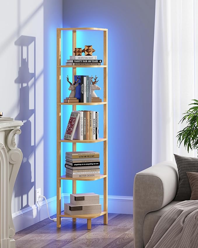 TUTOTAK Corner Shelf with LED Light, 6-Tier Corner Bookshelf for Small Space, Narrow Display Corner Shelf Stand with Storage Rack, for Living Room, Bedroom, Natural BS08BN006L