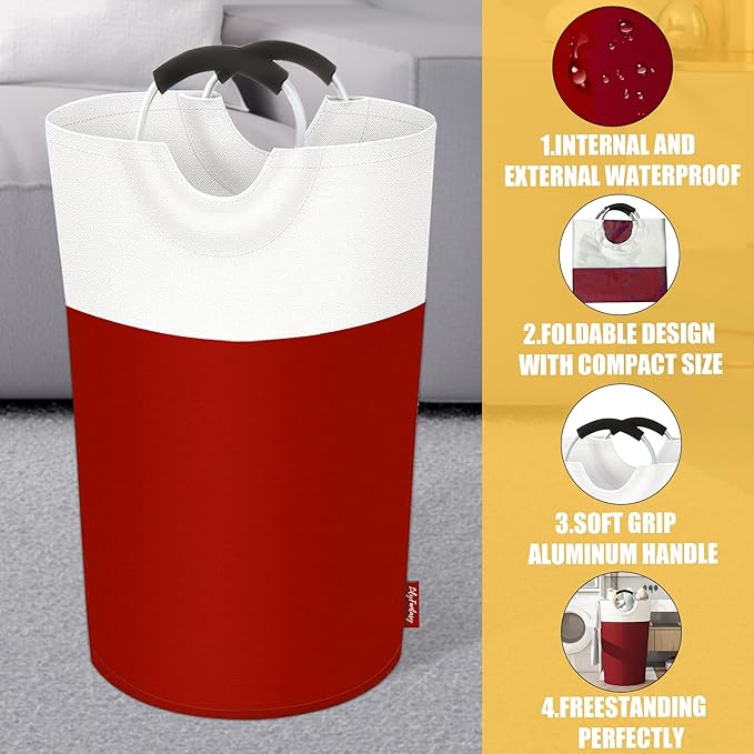 125L Laundry Basket, Collapsible Laundry Hamper with Padded Handles, Waterproof Laundry Bag, Tall Clothes Hamper Stand Up Well, Foldable Laundry Baskets for Easy Storage(Red)