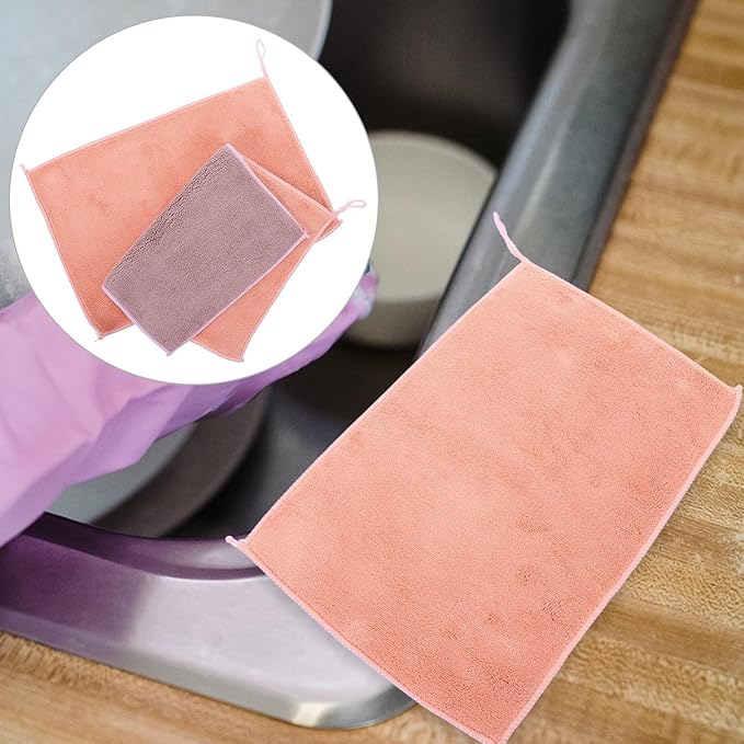 TEHAUX 2pcs Kitchen Dish Towels Absorbent Dual-Layer Microfiber Cleaning Cloths with Hanging Loop 20x30cm for Household Washing and Scouring