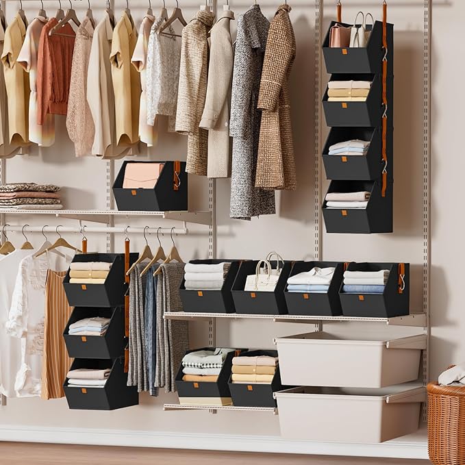 Hanging Closet Organizer 4 Tier - Clothes Hanging Shelves, Space-Saving Closet System, Fabric Storage Bins Bedroom Organization, Collapsible Baskets for Home, Dorm, Rv, Black, 8 Pack