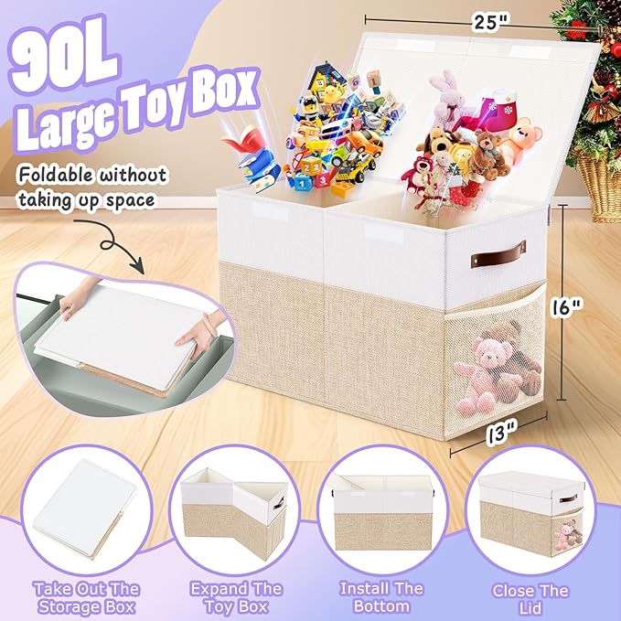 Large Toy Storage Box with Lid Divider, Sturdy Collapsible Toys Organizer Chest Kids Storage Bins Boxes Baskets for Boys, Girls, Nursery, Bedroom, Living Room, Playroom, 25"x13"x16", Beige and White