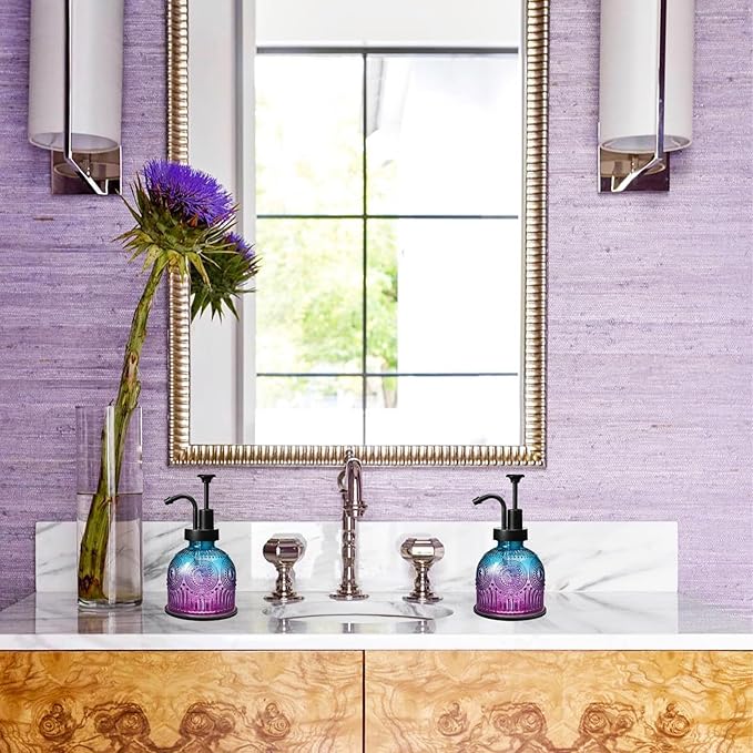 SheeChung Vintage Soap Dispenser, Kitchen Dish Soap Dispensers with Pump Mat, Glass Hand Soap Dispenser for Bathroom, Liquid, Lotion, Refillable, Rustic Farmhouse Decor-Purple Blue (Black Pump, 2 pk)
