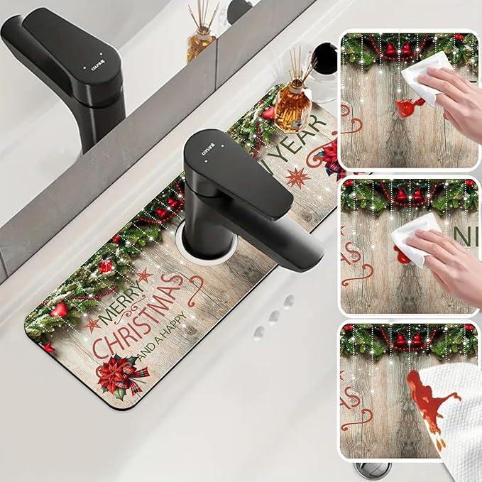 Chrismas Sink Splash Guard Faucet Mat Cute Christmas Absorbent Fast Drying Mat Sink Gadgets Splash Guard Behind Faucet Drip Catcher for Kitchen Bathroom 15.5"X5.5"
