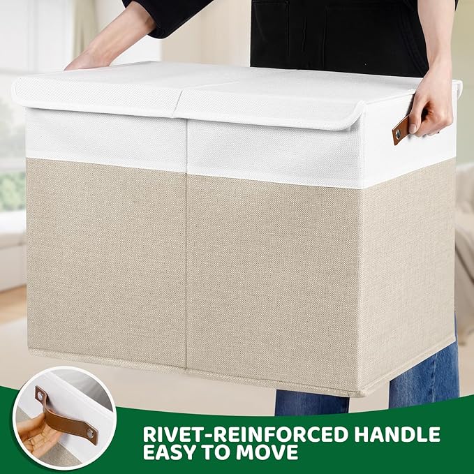 Large Toy Storage Box With Lid, Foldable Toy Storage Box with Handle and Dividers,Toy Storage Chest Suitable for living rooms, studies and bedrooms（24"X13"X16",White & Beige）