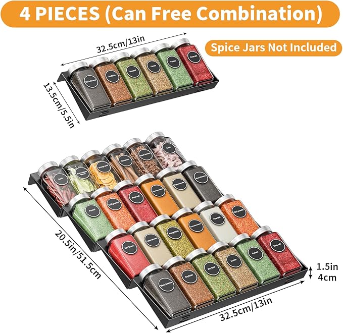 RCHYFEED 4 Tier Spice Drawer Organizer, (Need 3.5" Deep Drawer) 4 Pack Metal Non-Slip Spice Rack for Drawer Free Combination, Adjustable Spice Rack Drawer Insert, Spice Organization for Drawer
