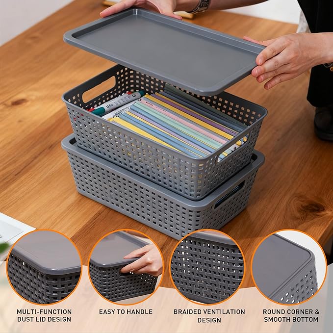 Plastic Storage Baskets With Lid, Storage Bins for Organizing, Stackable Decorative Containers for Shelves Drawers Desktop Closet Playroom Classroom Office, 6 Pack-Grey