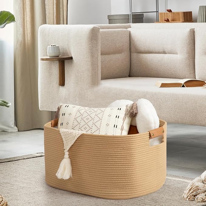 danpinera Large Blanket Basket for Living Room, 72 L Woven Cotton Rope Baskets for Kids Toy, Pillows, Towels, Cotton Organizing with leather handle, Storage Bin for Nursery, 22’’*17’’*11.8’’ Jute