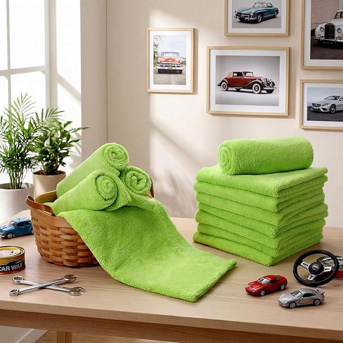 Shimeyao 30 Pcs Edgeless Microfiber Plush Towels for Cars Detailing Drying Wash Polishing Absorbent Cleaning Cloths, 500 GSM(16 x 16 Inch, Green)