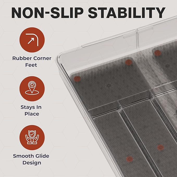 Masirs Expandable Utensil Drawer Organizer - BPA-Free Plastic Clear Silverware Tray with Multiple Compartments - Non-Slip Cutlery Storage for Kitchen, Bathroom, or Office Drawers (Grey)