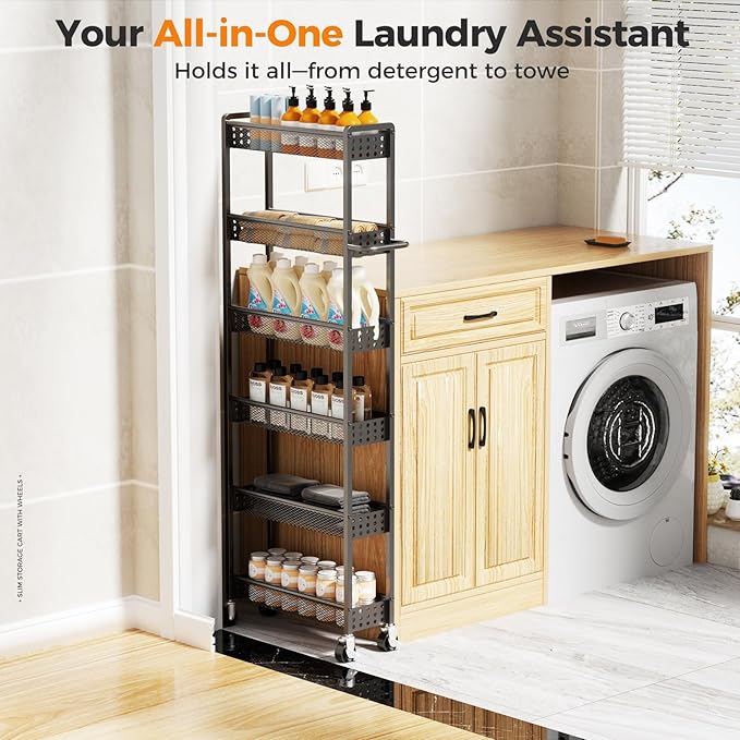 6 Tier Slim Storage Cart with Wheels, 6" D Rolling Storage Cart for Small Space, Metal Narrow Spice Cabinet Mobile Shelving Unit Organizer with Handle for Kitchen, Laundry - Black