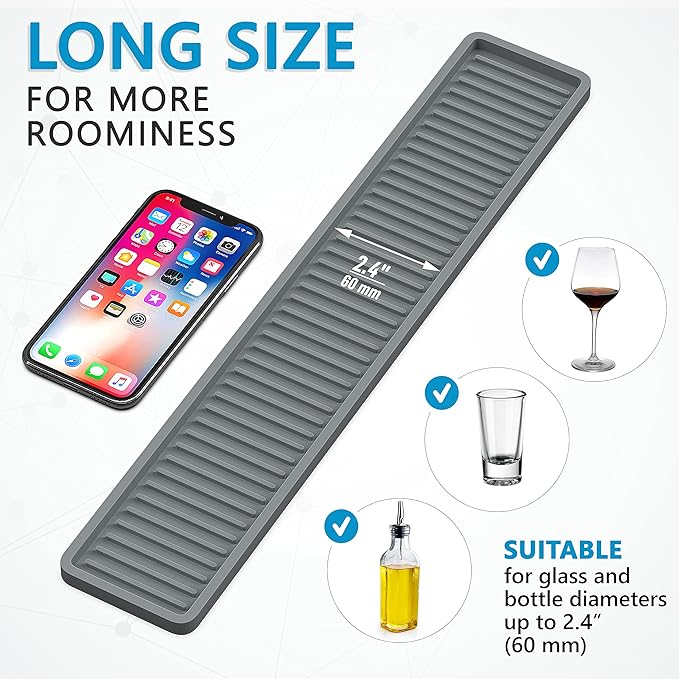 ZAPPOWARE Kitchen Sink Narrow Silicone Holder Tray 17.7"x3.1", Vanity & Bathroom Organizer, Gray