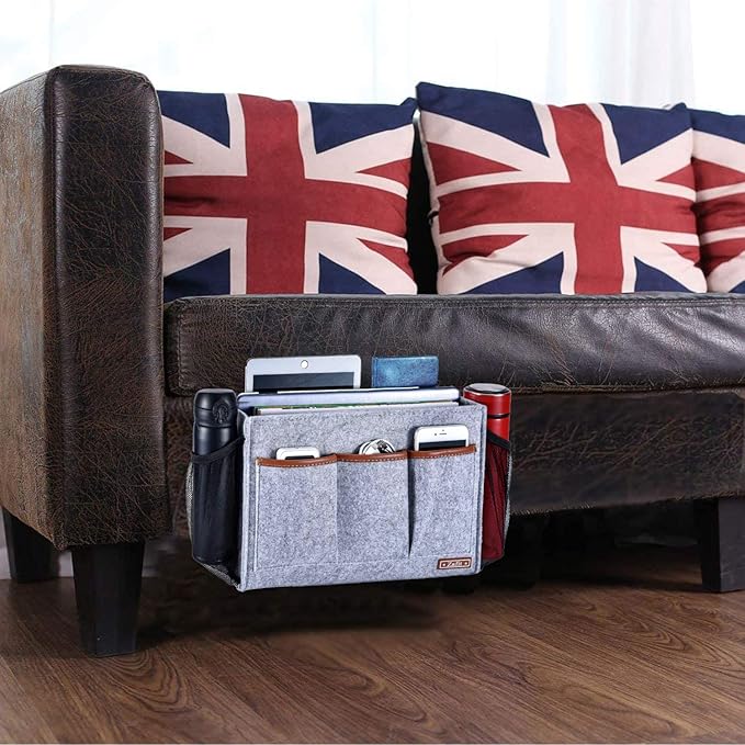 Zafit Bedside Caddy, Large Size Storage Organizer with 8 Pockets - Perfect for Magazine, Remotes, Phone (13.4'' x 18.1'', Light Grey)